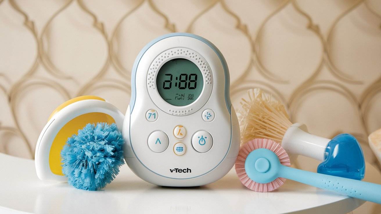 How to Clean VTech Baby Monitor – A VTech baby monitor placed on a white surface alongside various cleaning brushes, set against a decorative background. | baby blink up